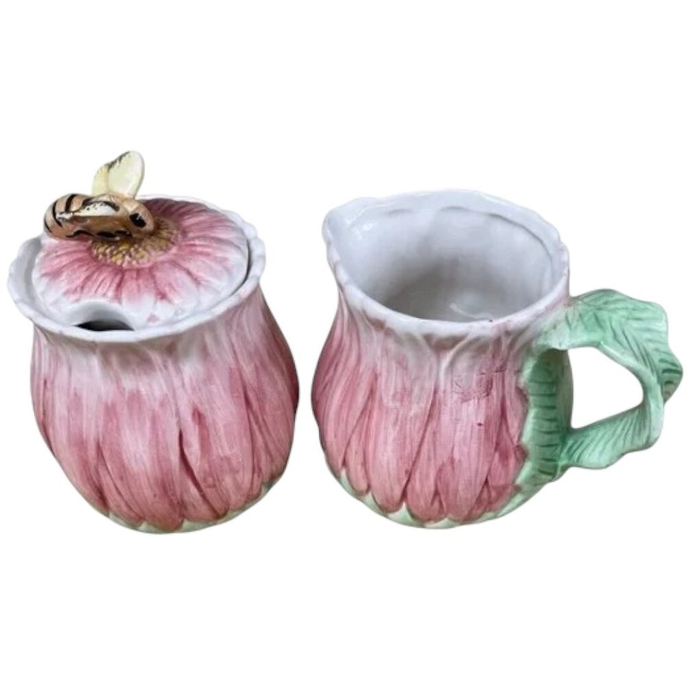 Vtg 1994 BOMBAY Floral Ceramic Creamer and Sugar Set - Daisy and bee EUC